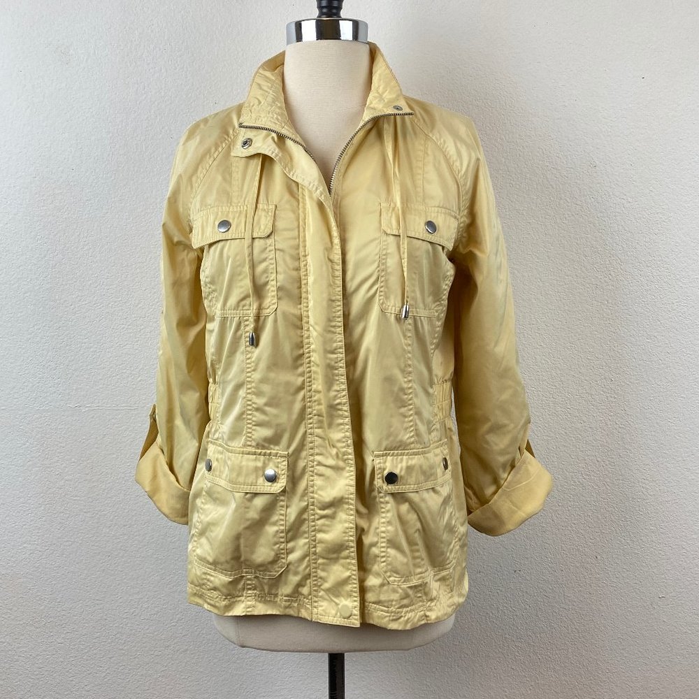 Chico's Zenergy Yellow Full Zip Windbreaker Jacket Pockets Drawstring Collar SM